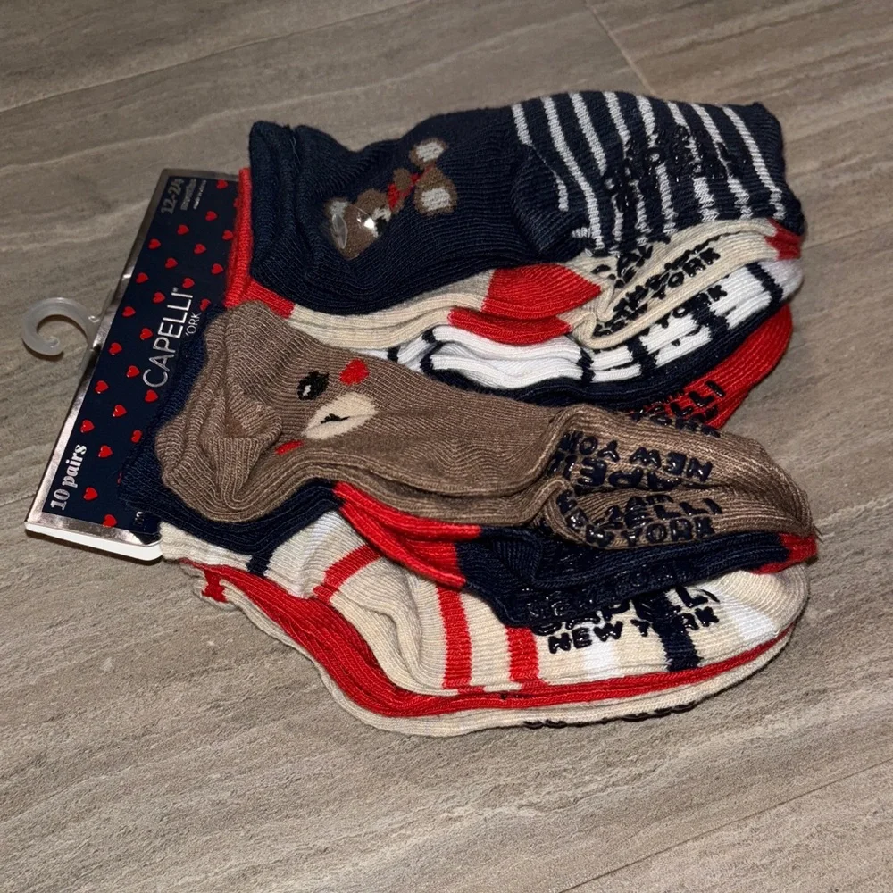 Capelli 10 Pairs Sock Set- Bears, Stripes, Brown, Navy & Red